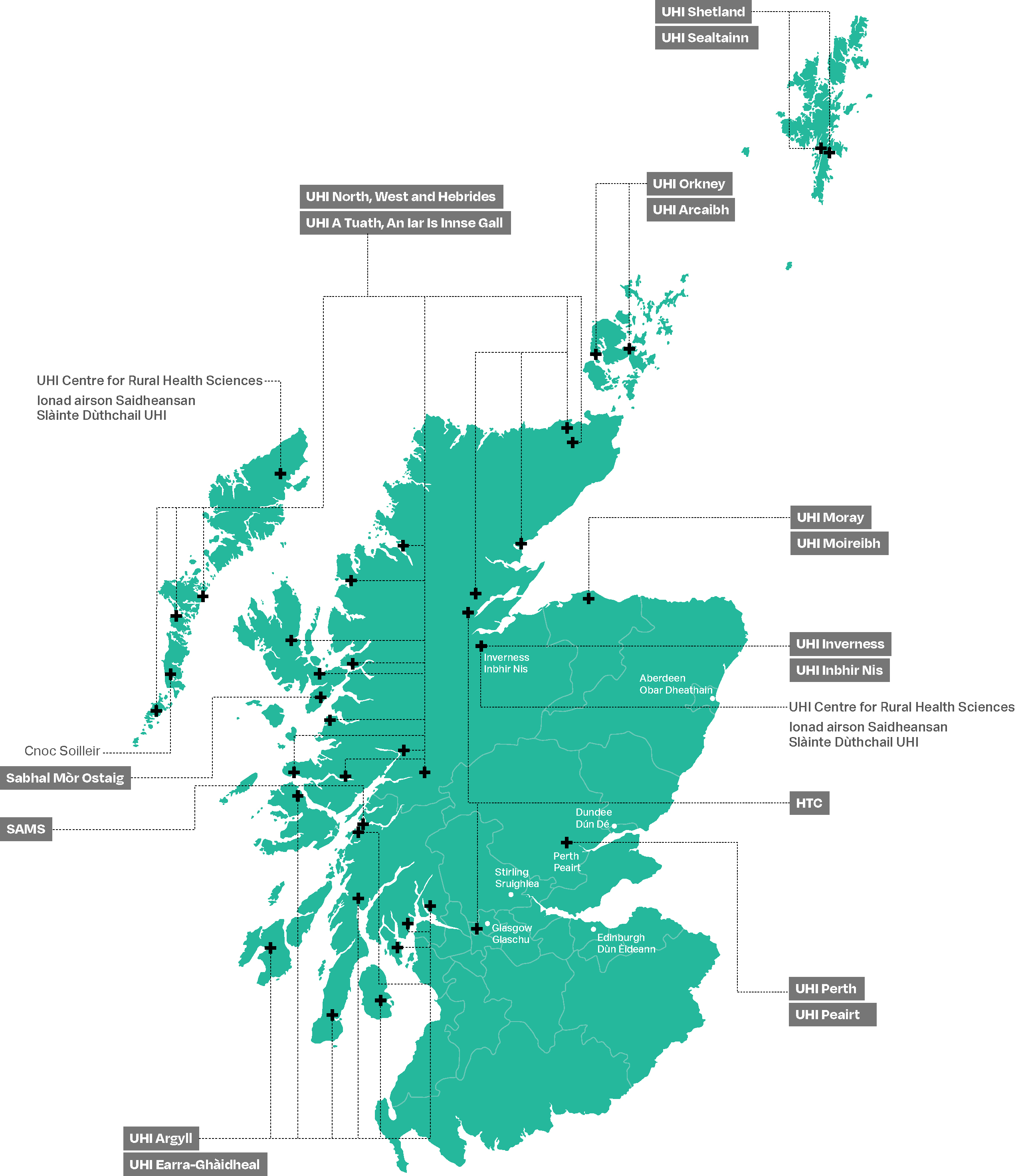 A map of Scotland highlighting all campuses across the University of the Highlands and Islands