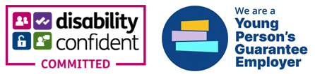 The logos for Disability Committed employer and Young Persons Guarantee employer