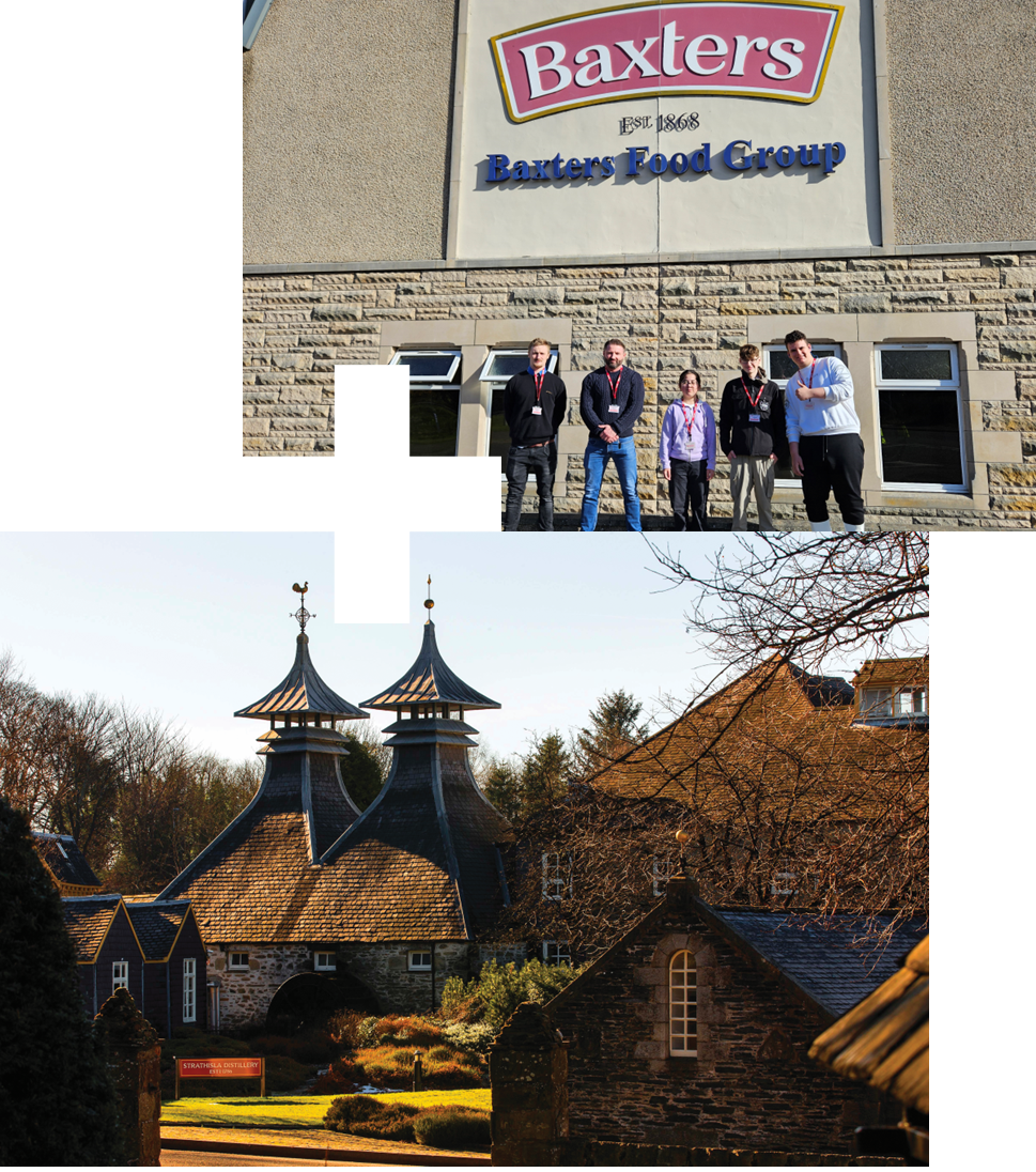 Two photographs to showcase our employability programme - the first image is of a group of employability clients smiling at the camera as they are stood in front of Baxters Food Group warehouse. The second photo is a professional shot of Strathisla Distillery