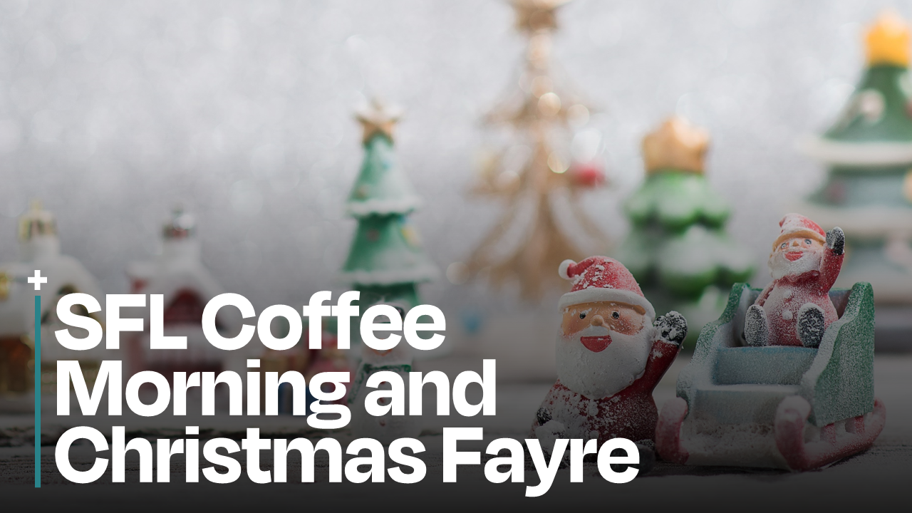 Photo of Christmas ornaments with a santa waving. To the left of the santa is the words SFL Coffee Morning and Christmas Fayre