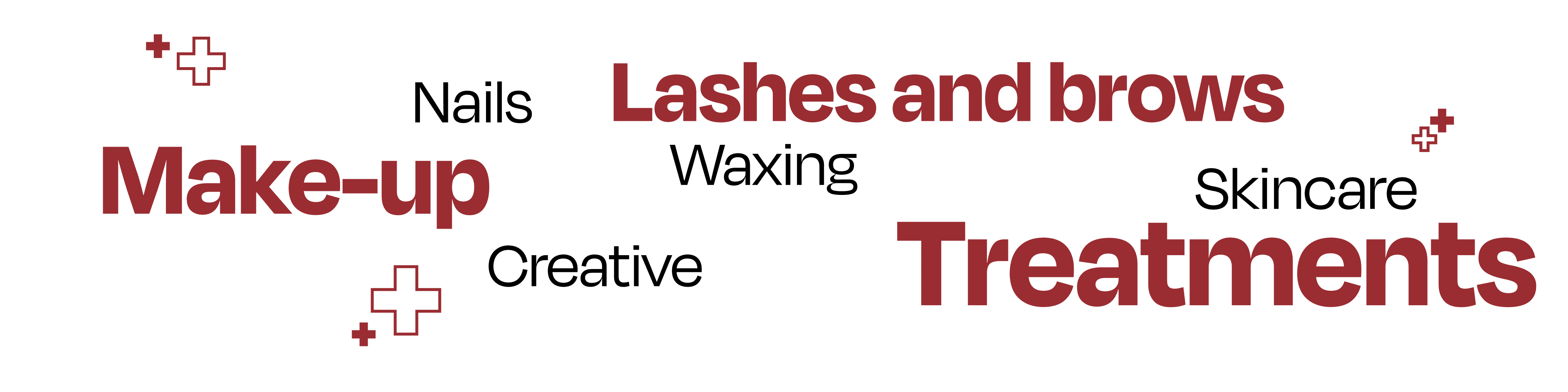 Keywords related to the beauty therapy industry laid out in a random cluster. The words are: Make-up, nails, lashes and brows, waxing, creative, treatments