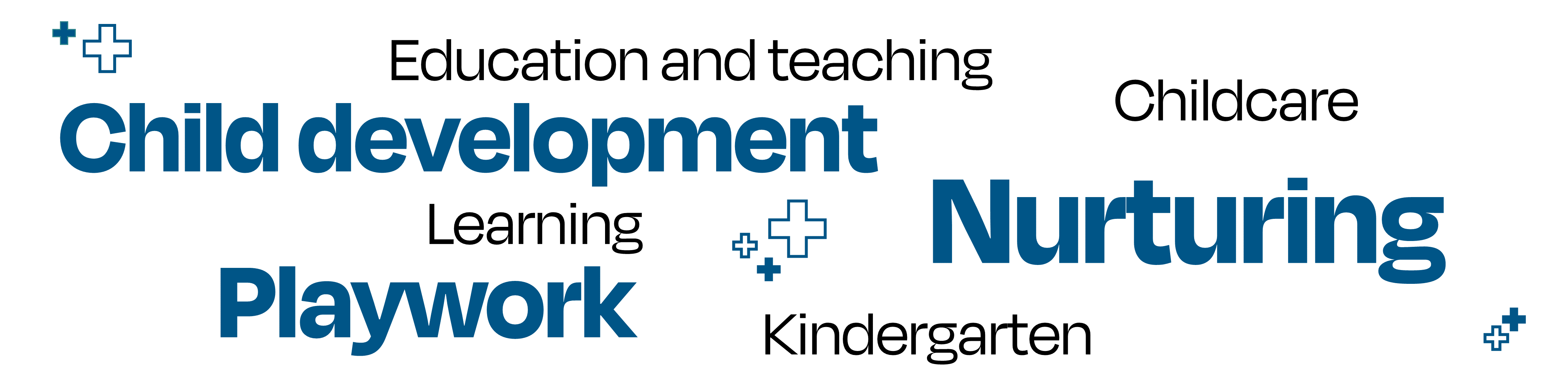 Keywords related to the education and childcare industry laid out in a random cluster. The words are: education and teaching, child development, learning, playwork, kindergarten, nurturing, childcare