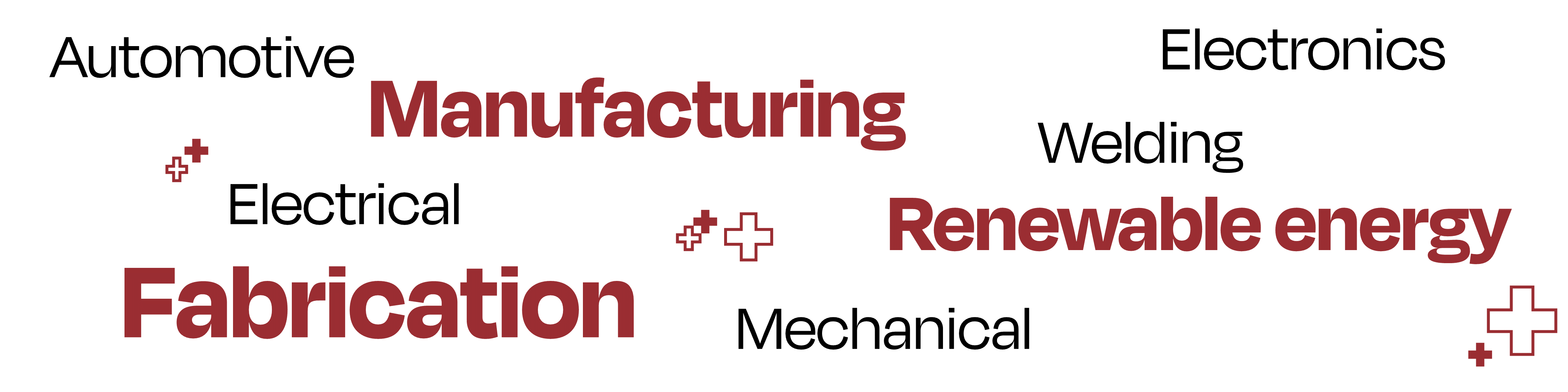 Keywords related to the engineering industry laid out in a random cluster. The words are: automotive, manufacturing, electrical, fabrication, mechanical, renewable energy, welding, electronics