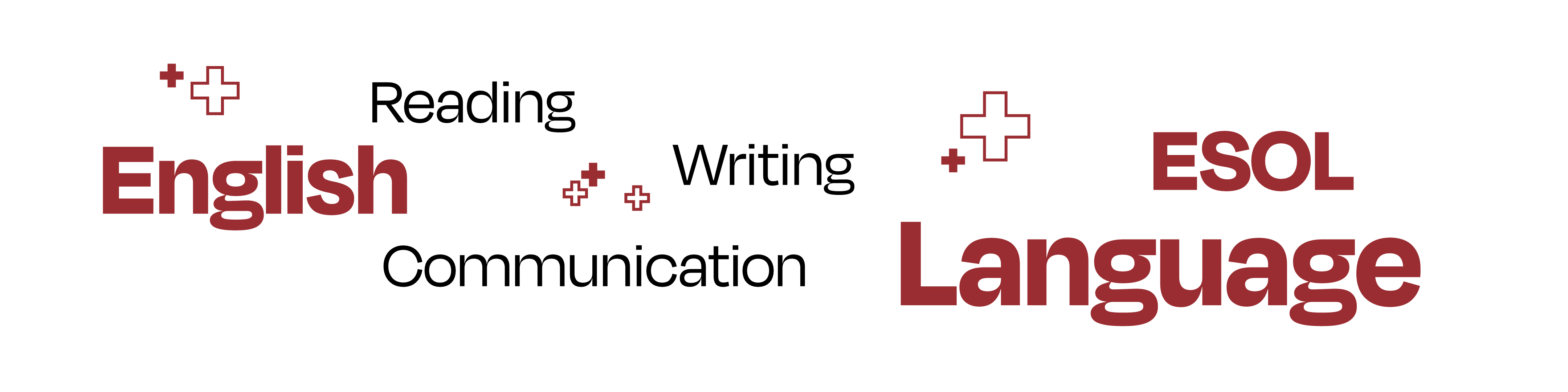 Keywords related to our English for Speakers of Other Languages (ESOL) courses laid out in a random cluster. The words are: reading, writing, English, communication, language, ESOL