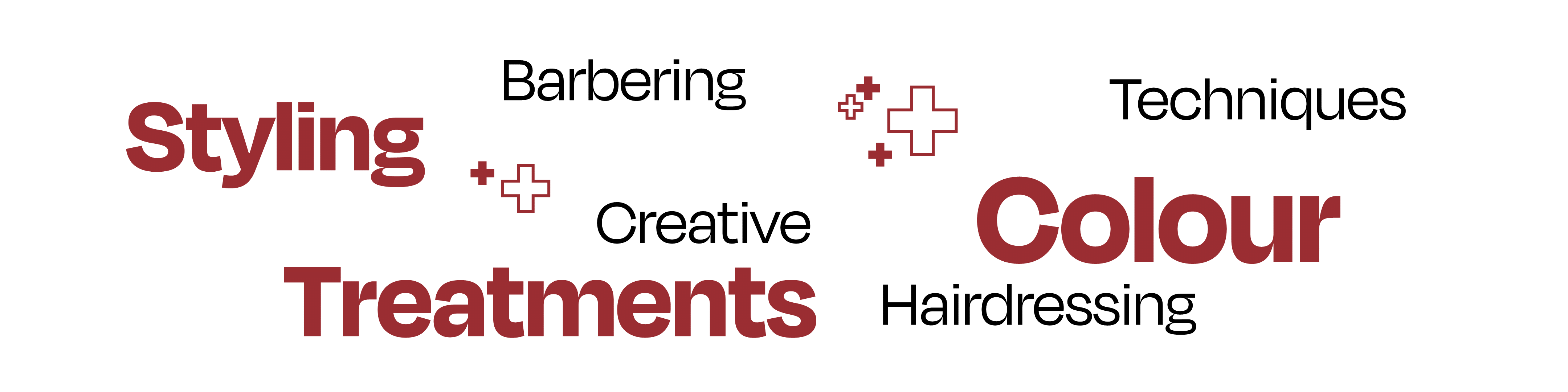 Keywords related to the hairdressing and barbering industry laid out in a random cluster. The words are: styling, barbering, creative, treatments, colour, techniques, hairdressing