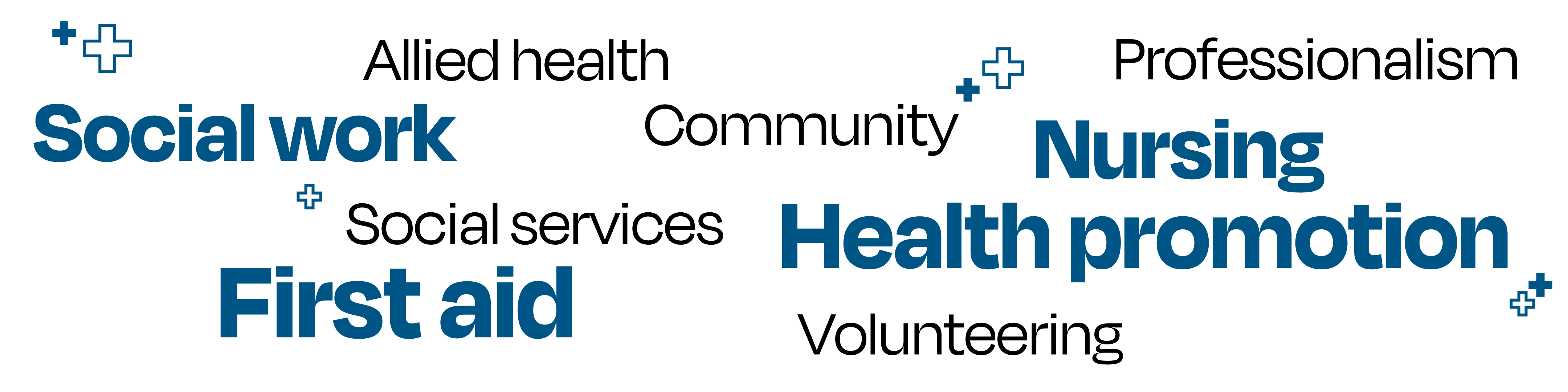 Keywords related to the health and social care industry laid out in a random cluster. The words are: allied health, social work, social services, first aid, community, professionalism, nursing, health promotion, volunteering