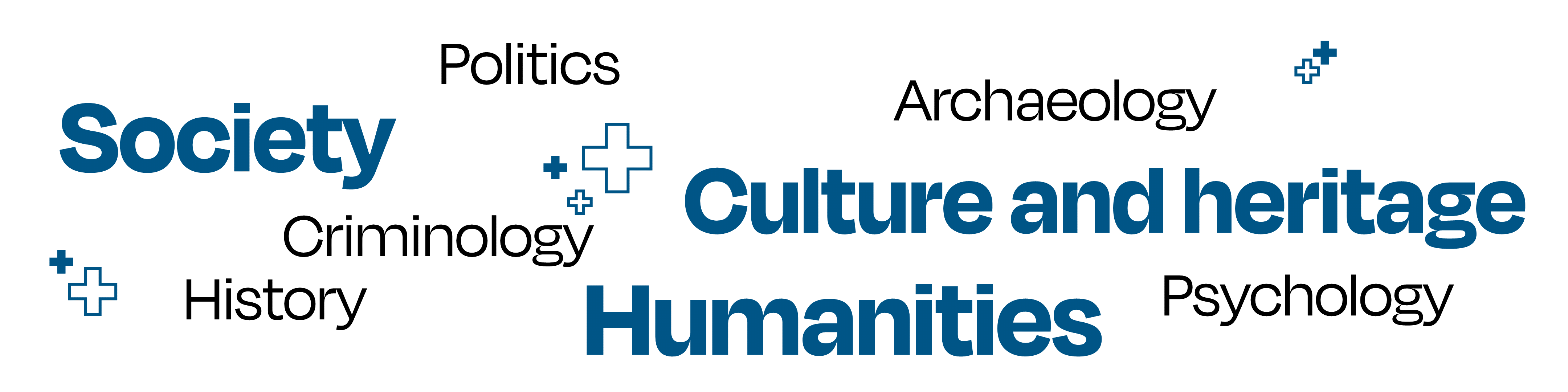 Keywords related to the social sciences industry laid out in a random cluster. The words are: politics, society, criminology, history, humanities, culture and heritage, psychology, archaeology