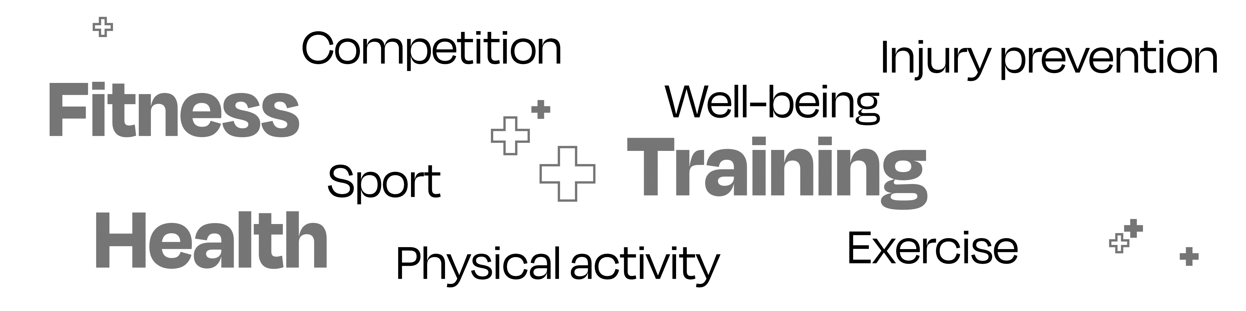 Keywords related to the sport and fitness industry laid out in a random cluster. The words are: competition, fitness, sport, health, physical activity, training, well-being, exercise, injury prevention